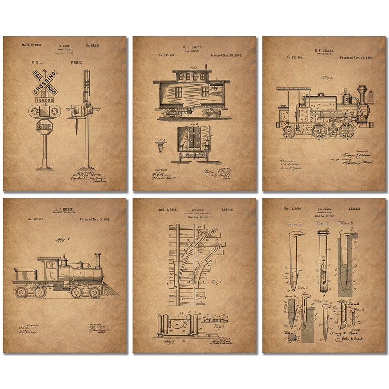 BigWig Prints - Railroad Train Patent Prints, Vintage Train Wall Art, Locomotive Railway Decor Pictures, Classic Railroad Wall Decorations, Blueprint Posters - Set Of 6 (8x10) Unframed - Image 1